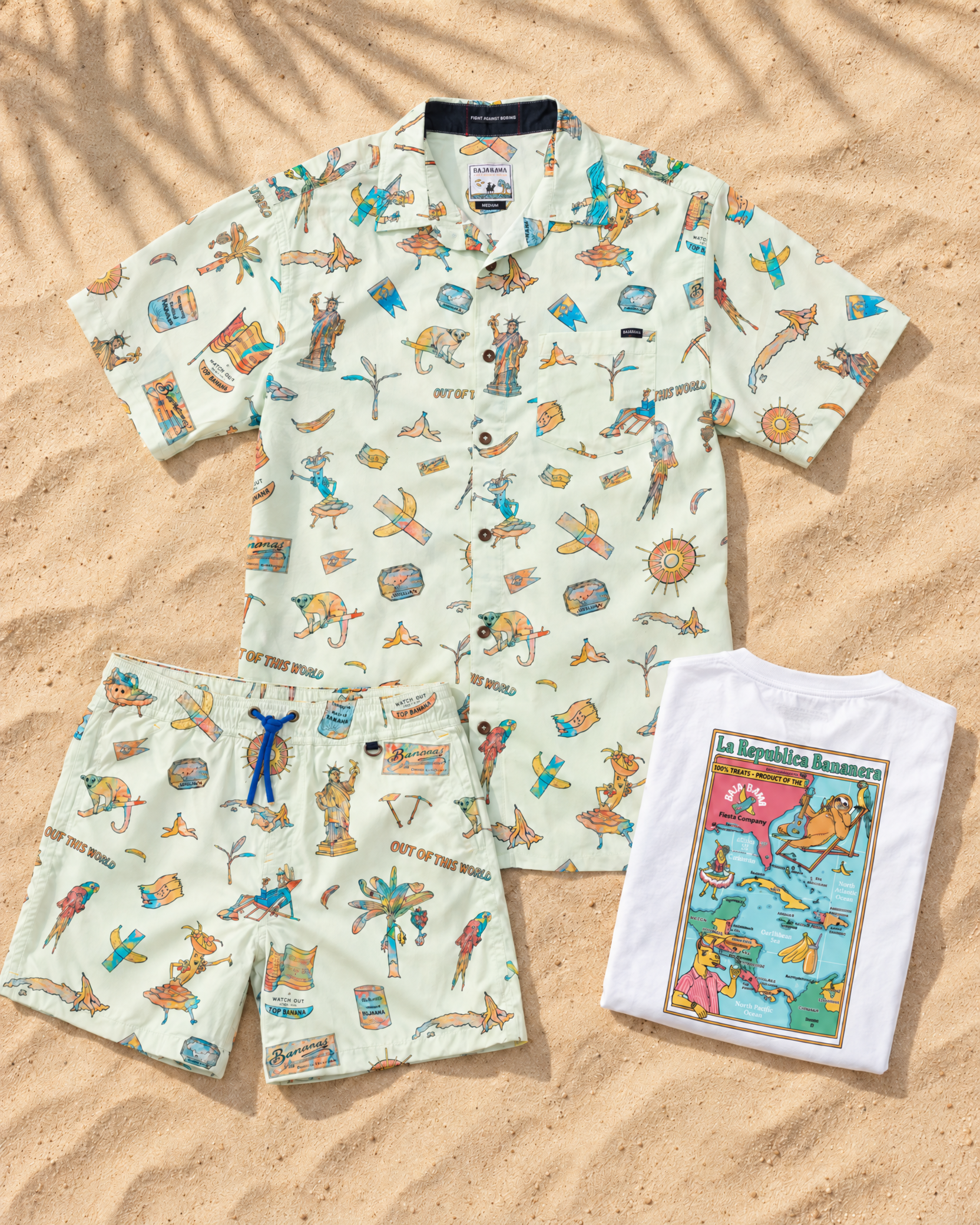 La Republica Bananera set: button up, swim trunks and tee