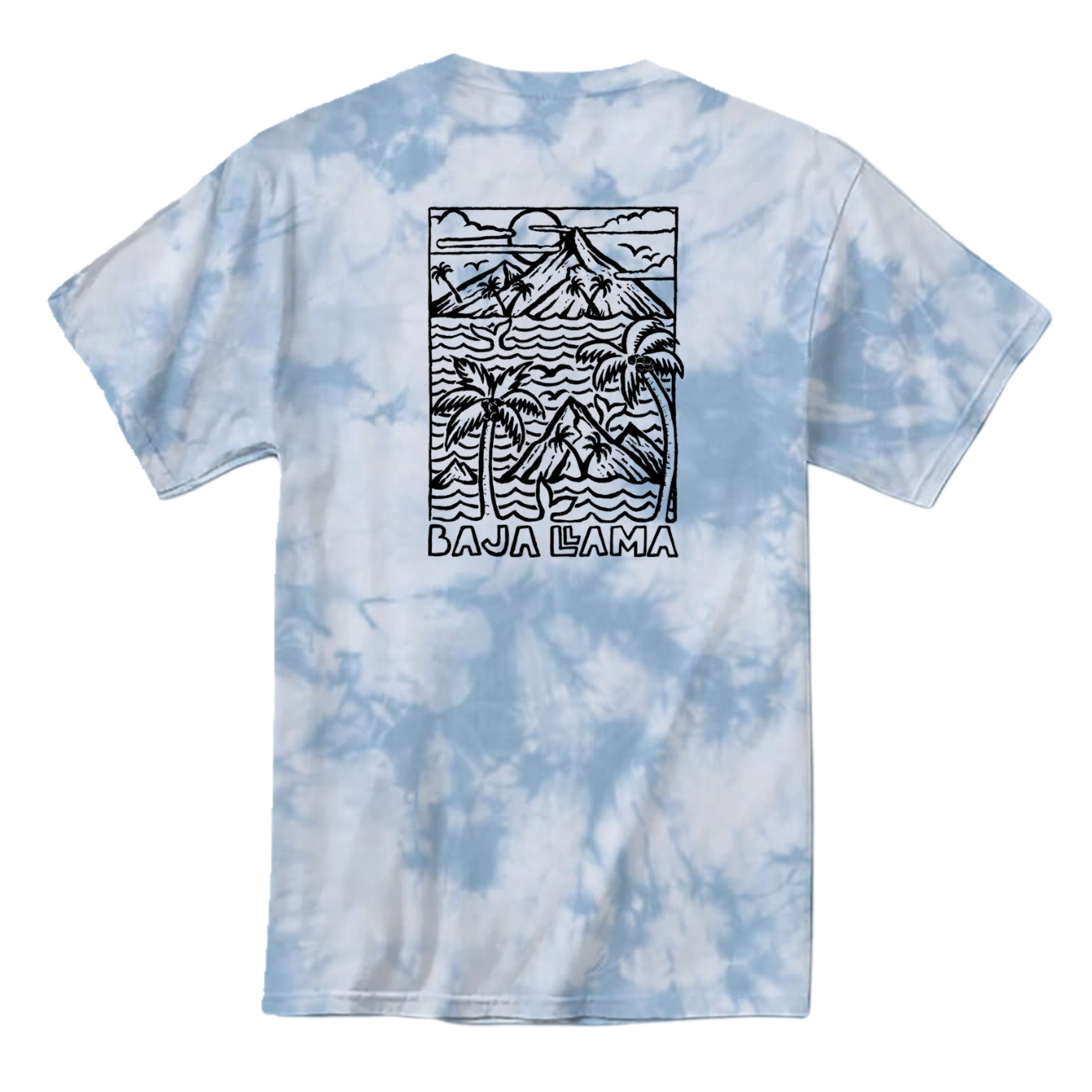 Wavy Dayz blue tie-dye graphic tee by Baja Llama. Features a vibrant, swirling tie-dye pattern with tropical ocean graphic on the front. Soft, comfortable fabric and relaxed fit, perfect for casual, adventurous style.