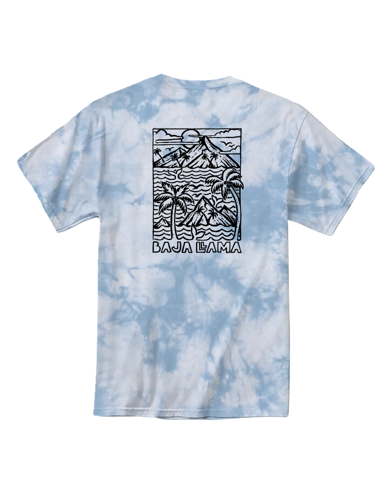 Wavy Dayz blue tie-dye graphic tee by Baja Llama. Features a vibrant, swirling tie-dye pattern with tropical ocean graphic on the front. Soft, comfortable fabric and relaxed fit, perfect for casual, adventurous style.