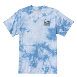 Wavy Dayz blue tie-dye graphic tee by Baja Llama. Features a vibrant, swirling tie-dye pattern with tropical ocean graphic on the front. Soft, comfortable fabric and relaxed fit, perfect for casual, adventurous style.