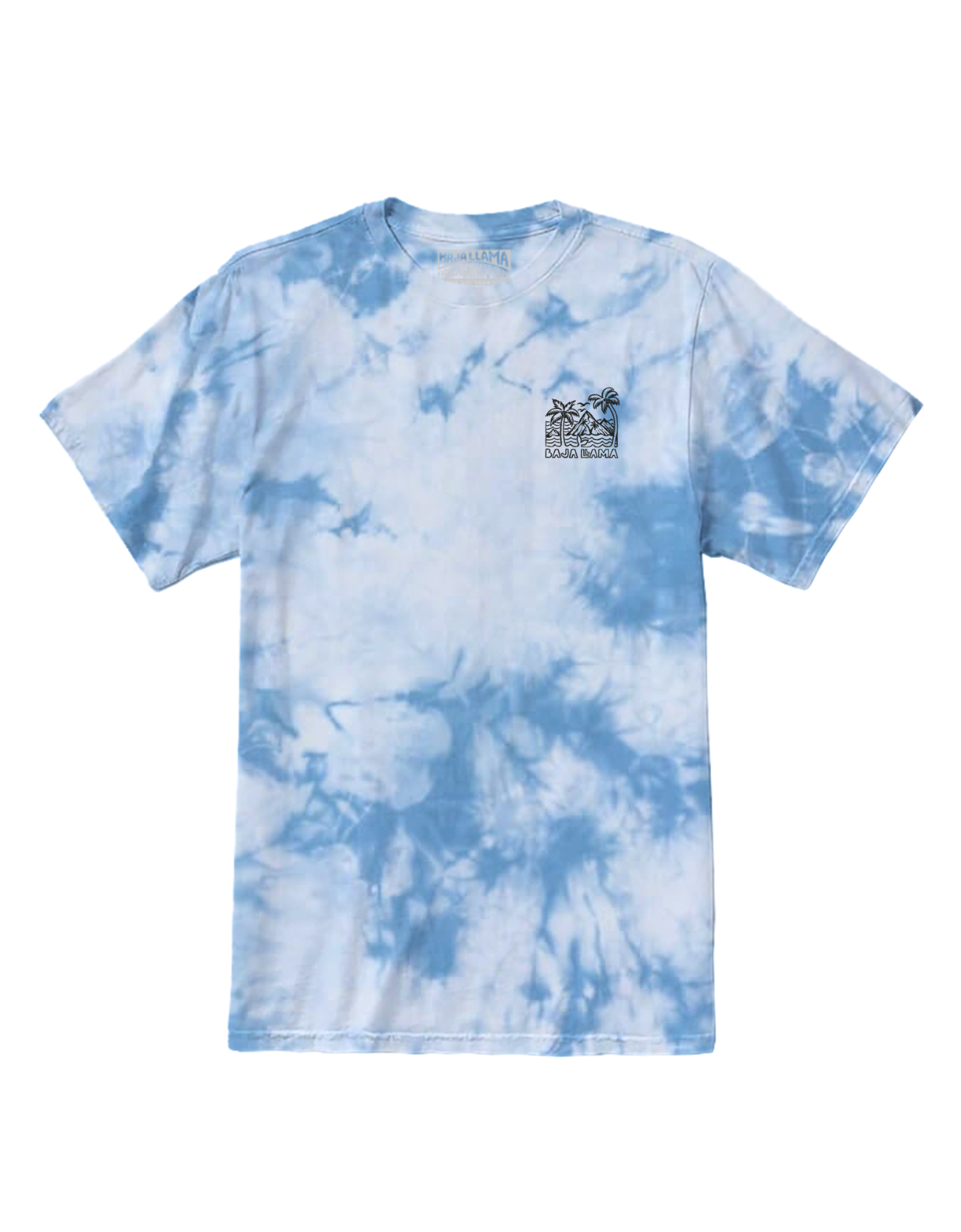 Wavy Dayz blue tie-dye graphic tee by Baja Llama. Features a vibrant, swirling tie-dye pattern with tropical ocean graphic on the front. Soft, comfortable fabric and relaxed fit, perfect for casual, adventurous style.