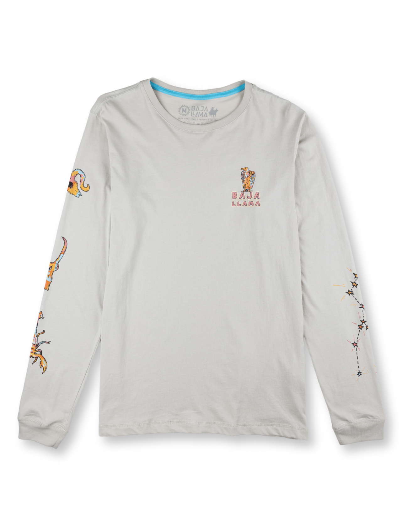 Baja Llama light desert-themed long sleeve tee with snake and Joshua tree back graphic. Soft cotton with printed sleeve details.