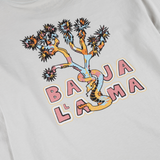 Baja Llama light desert-themed long sleeve tee with snake and Joshua tree back graphic. Soft cotton with printed sleeve details.