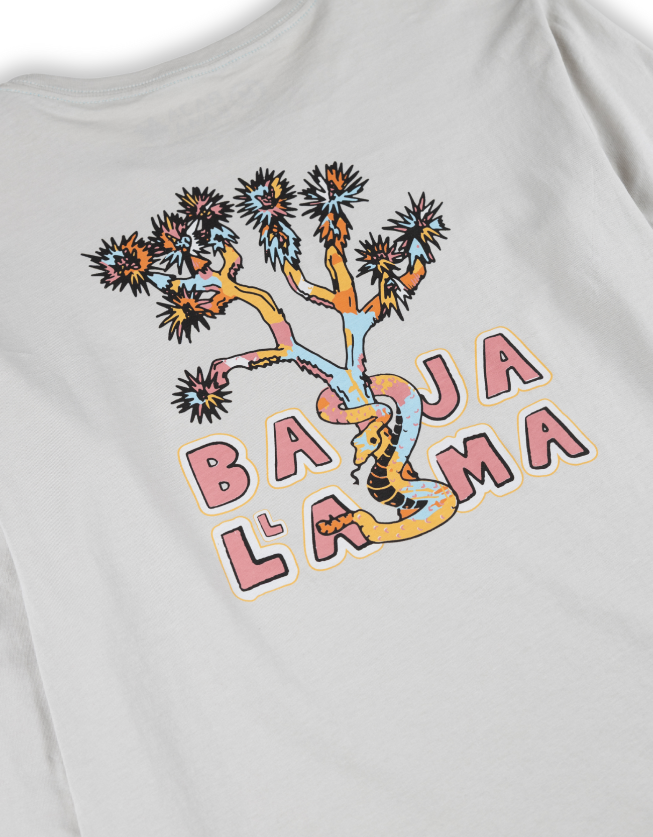 Baja Llama light desert-themed long sleeve tee with snake and Joshua tree back graphic. Soft cotton with printed sleeve details.