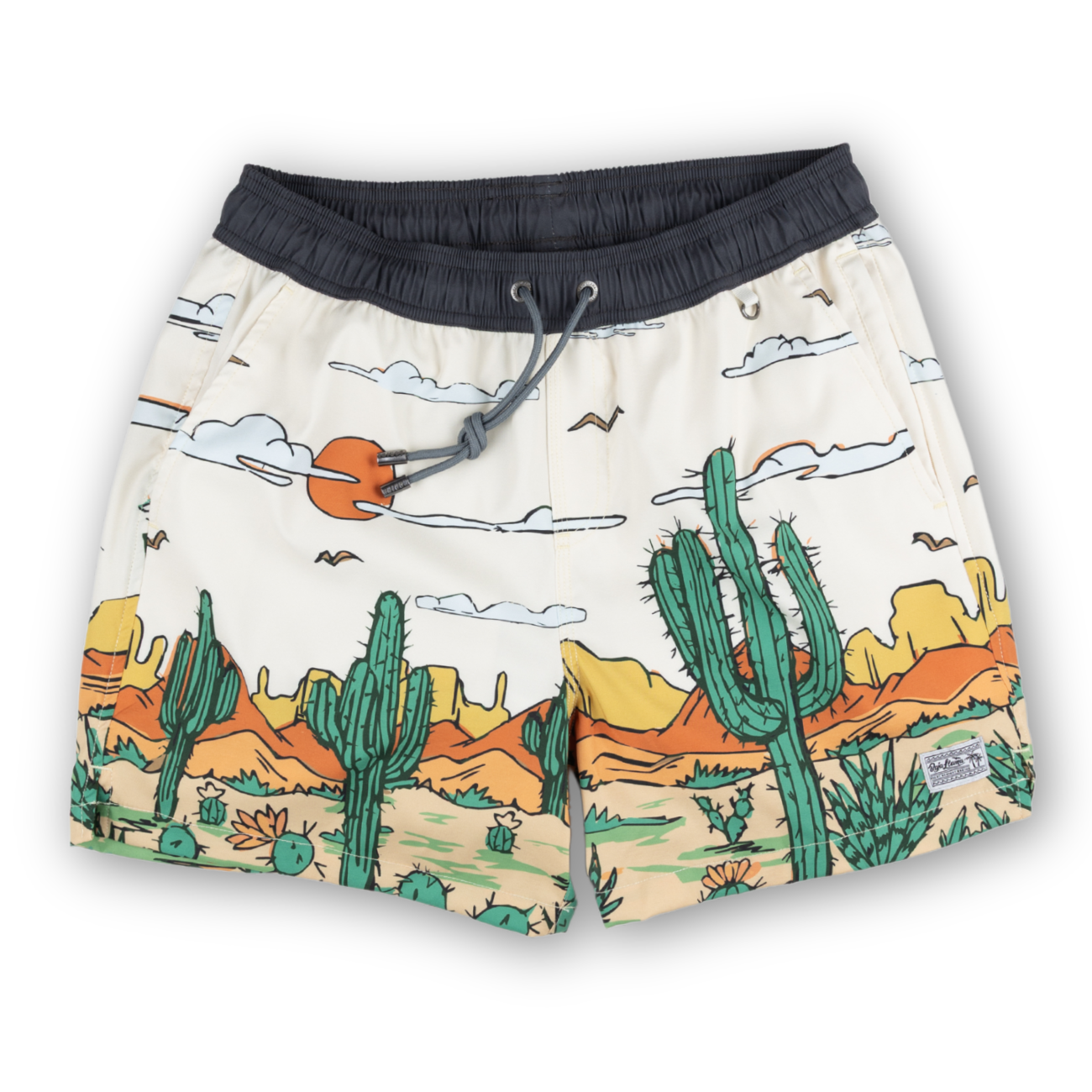 Desert-themed swim shorts with a bold cactus landscape print and a comfortable elastic waistband. Adventure-ready and quick-drying for all-day wear.