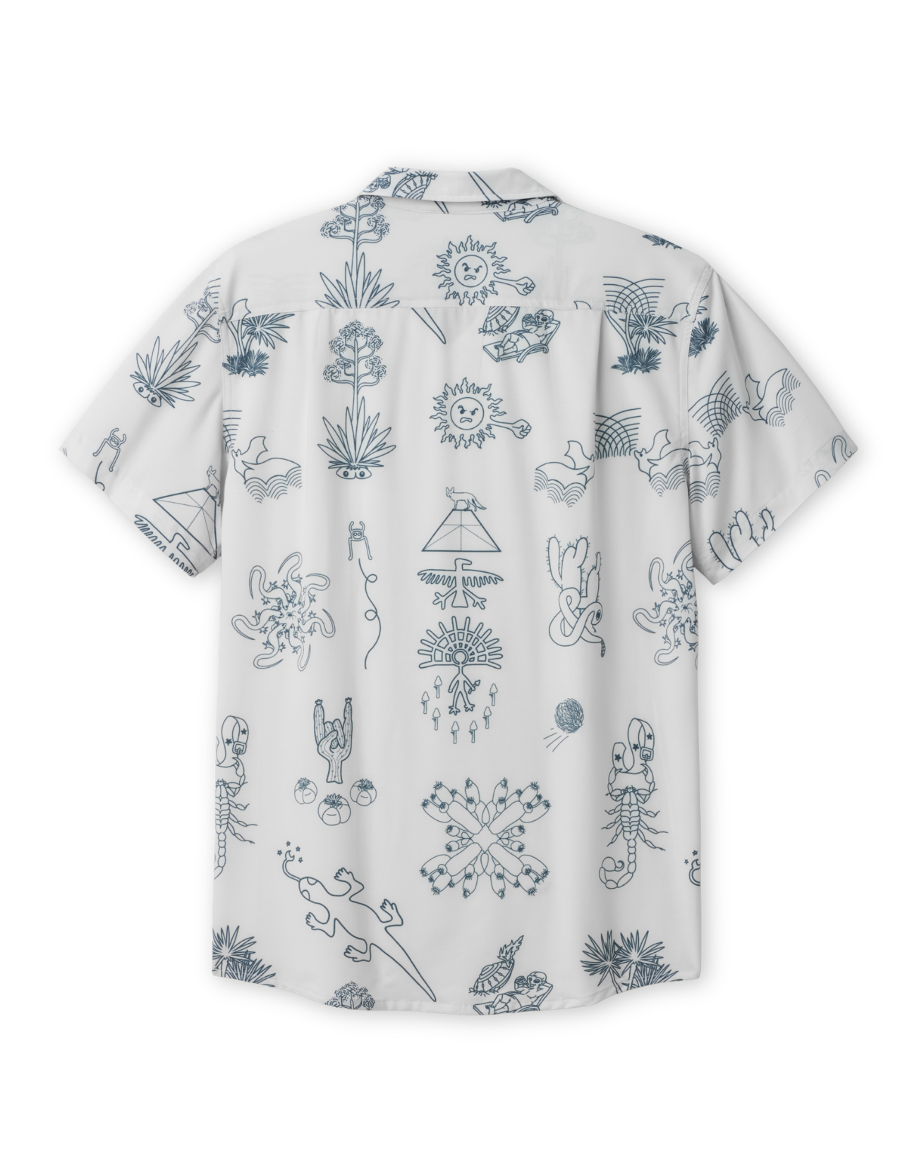 Back view of Desert Martians Premium men’s button-up shirt with illustrated desert artwork