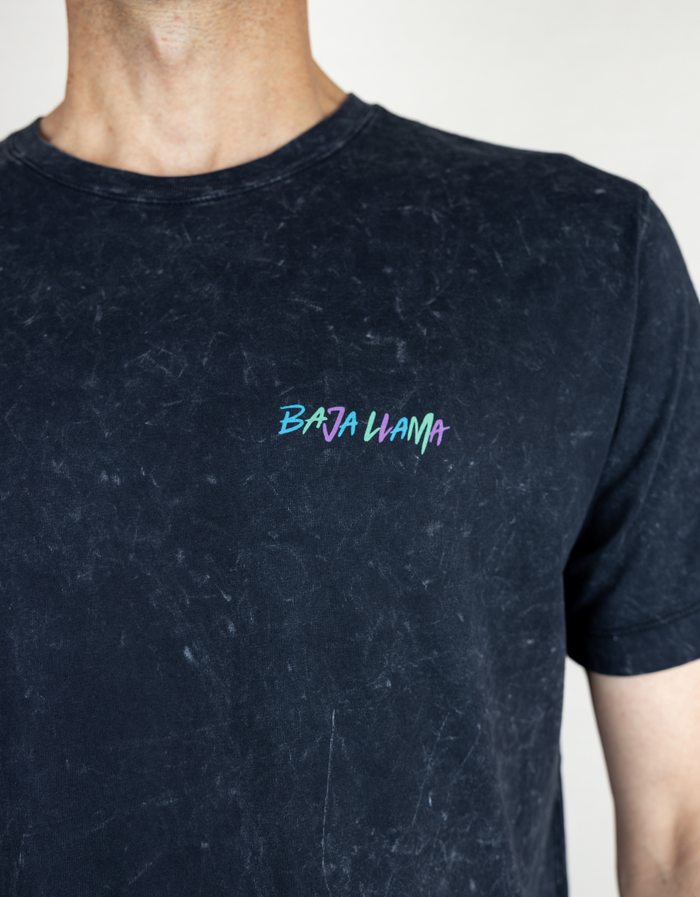 Close-up of the front of the Baja Llama "Fight Against Boring" Primo Graphic Tee in retro black, featuring the brand logo on the chest.