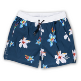 Navy floral swim shorts with a bold hibiscus print and white waistband. Lightweight, quick-dry fabric for a comfortable beach-ready look.