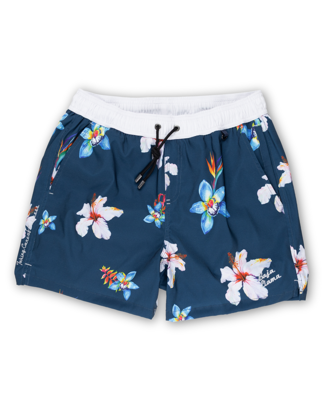 Navy floral swim shorts with a bold hibiscus print and white waistband. Lightweight, quick-dry fabric for a comfortable beach-ready look.