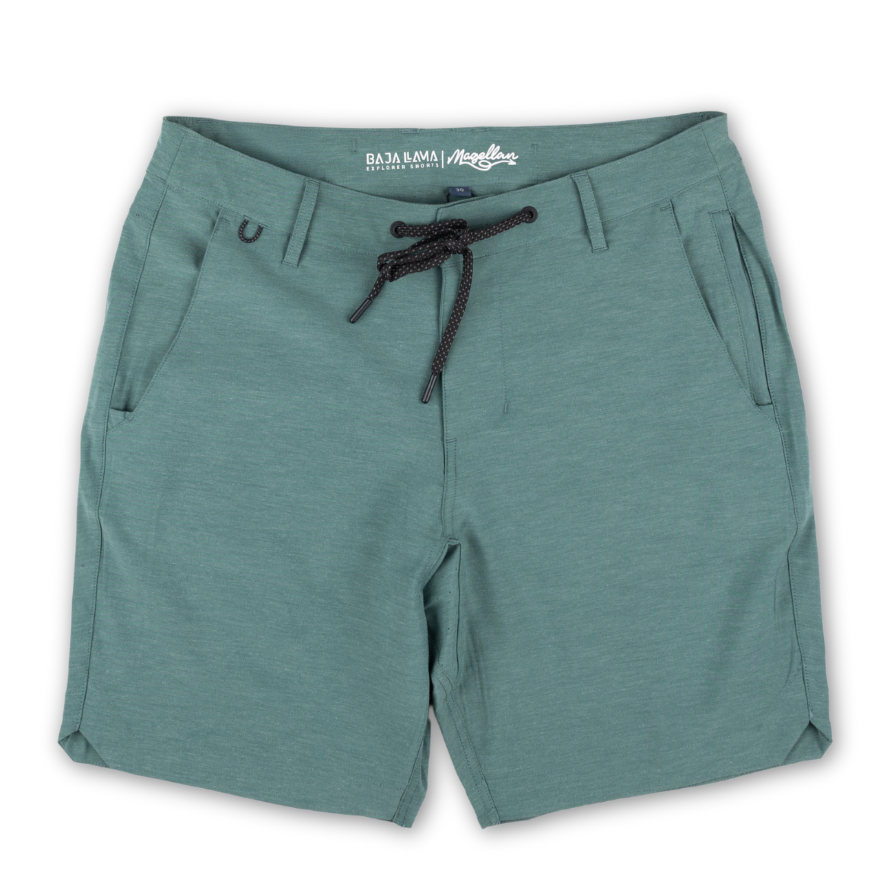 Baja Llama stretchy green hybrid shorts with drawstring waist, perfect for travel and everyday wear.