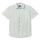 A short-sleeved button-up shirt with a geometric pattern in a light color, featuring a collar, chest pockets, and a front button placket.