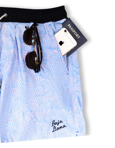 Light blue men's stretched swimsuit  featuring striped zebra prints with zippered side pockets.