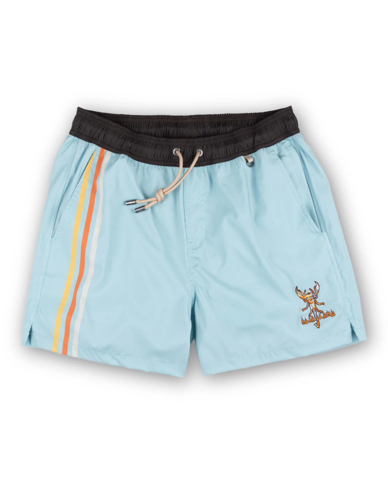 Men’s light blue swim shorts with retro-style orange and white side stripes, black elastic waistband, and adjustable drawstring. Features embroidered Baja Llama scorpion design and quick-dry fabric for all-day comfort.