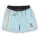 Men’s light blue swim shorts with retro-style orange and white side stripes, black elastic waistband, and adjustable drawstring. Features embroidered Baja Llama scorpion design and quick-dry fabric for all-day comfort.