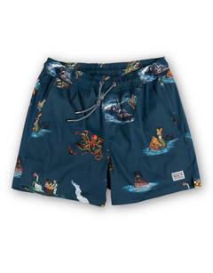Navy swim shorts with a bold nautical print featuring sea creatures and maritime adventures. Lightweight, quick-dry fabric for comfort in and out of the water.