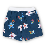 Navy floral swim shorts with a bold hibiscus print and white waistband. Lightweight, quick-dry fabric for a comfortable beach-ready look.