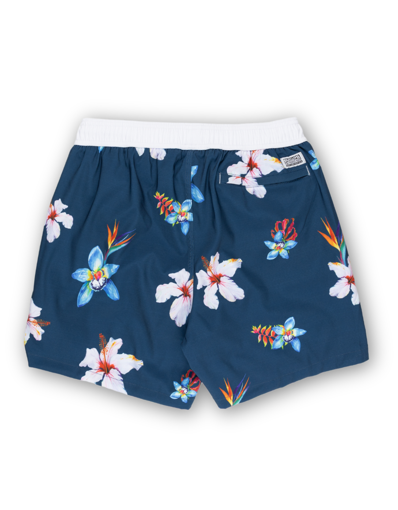 Navy floral swim shorts with a bold hibiscus print and white waistband. Lightweight, quick-dry fabric for a comfortable beach-ready look.