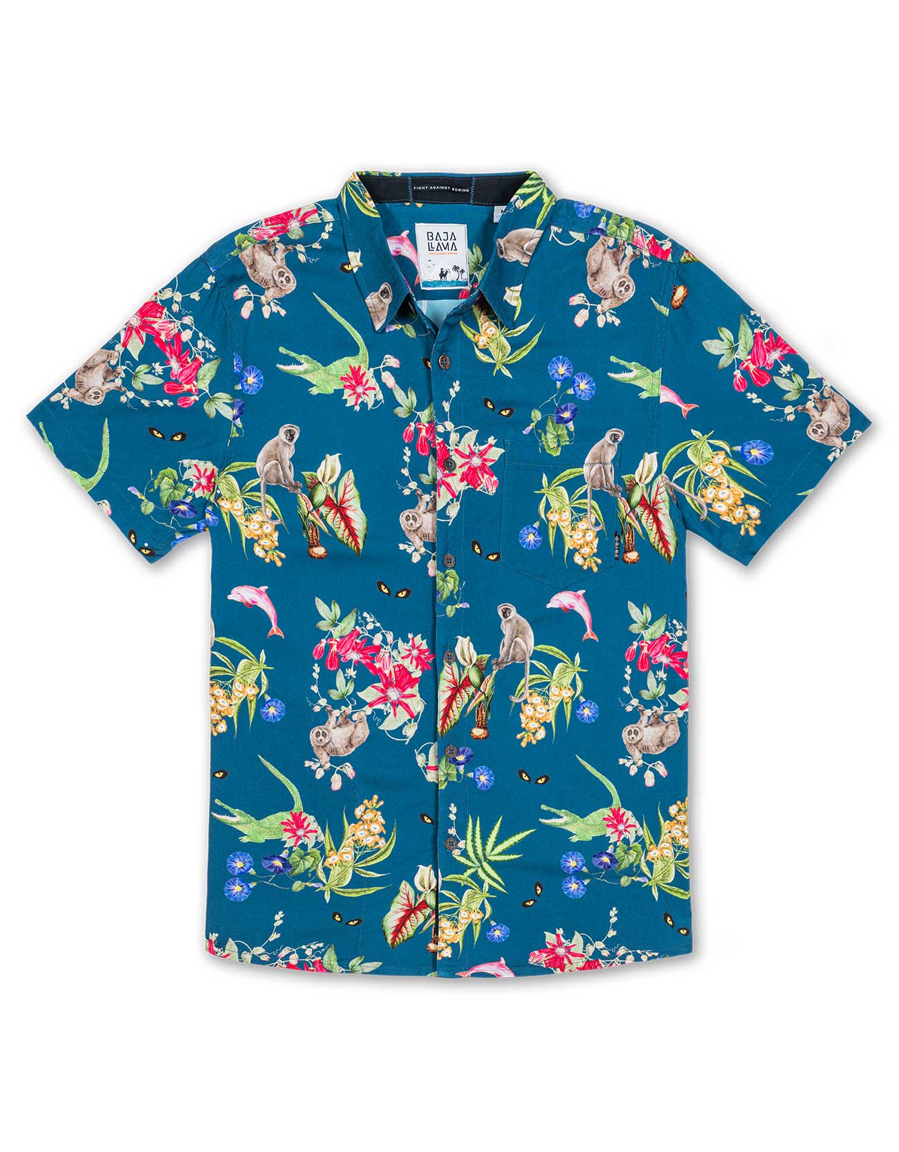 Navy button up with hand drawn pink dolphins, jungle animals and flowers print.