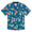 Flat lay of the Baja Llama A Few Pink Friends Nighthawk button-up shirt featuring jungle animals and floral print on a navy background