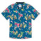 Flat lay of the Baja Llama A Few Pink Friends Nighthawk button-up shirt featuring jungle animals and floral print on a navy background