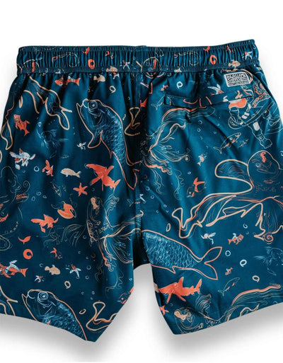 Navy men's volley swim trunks featuring ocean creatures like fish varieties and octopus. 