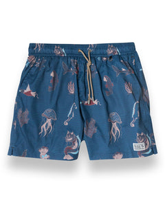 Navy men's stretch swimsuit featuring ocean animals with split personalities. 