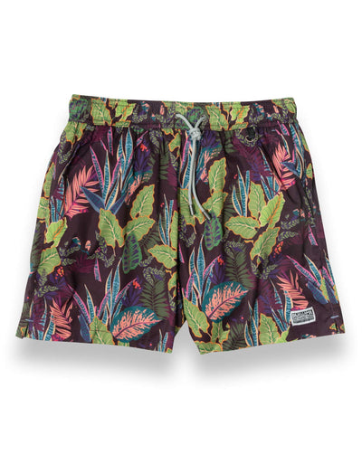 Purple mens volley shorts with assorted tropical leaves print like monstera, taro, palm, etc. 