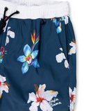 Navy floral swim shorts with a bold hibiscus print and white waistband. Lightweight, quick-dry fabric for a comfortable beach-ready look.