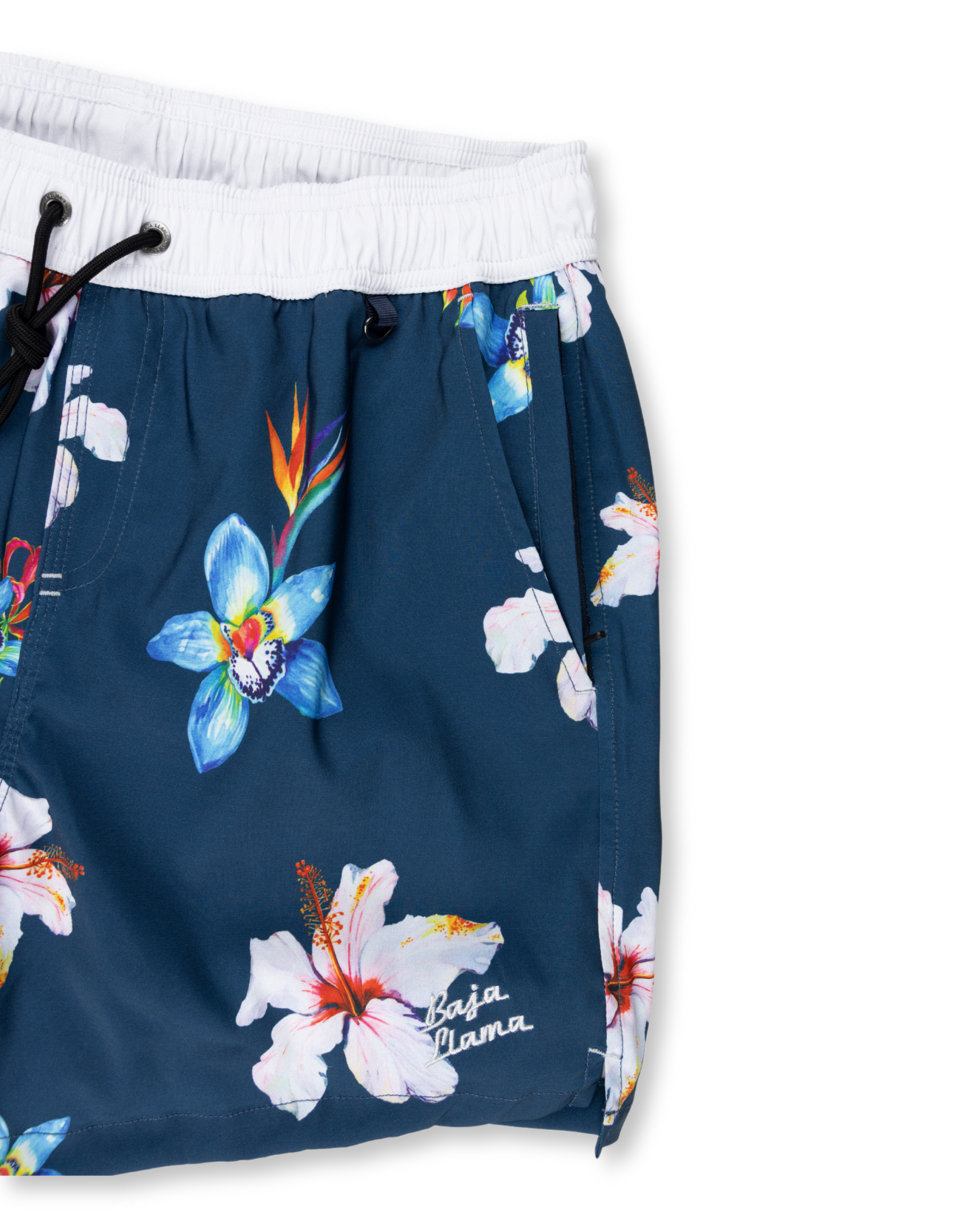 Navy floral swim shorts with a bold hibiscus print and white waistband. Lightweight, quick-dry fabric for a comfortable beach-ready look.