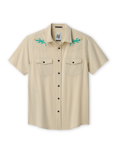 Beige short-sleeve shirt with embroidered lizard designs on a white background