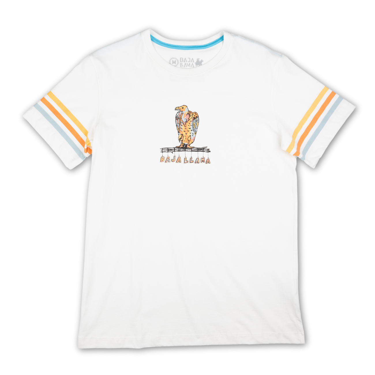 Men’s off-white graphic t-shirt featuring a colorful vulture illustration and ‘Baja Llama’ text. Retro-style striped sleeves with orange, blue, and white detailing. Soft, breathable cotton for casual comfort.