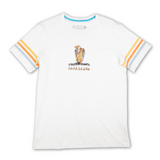 Men’s off-white graphic t-shirt featuring a colorful vulture illustration and ‘Baja Llama’ text. Retro-style striped sleeves with orange, blue, and white detailing. Soft, breathable cotton for casual comfort.