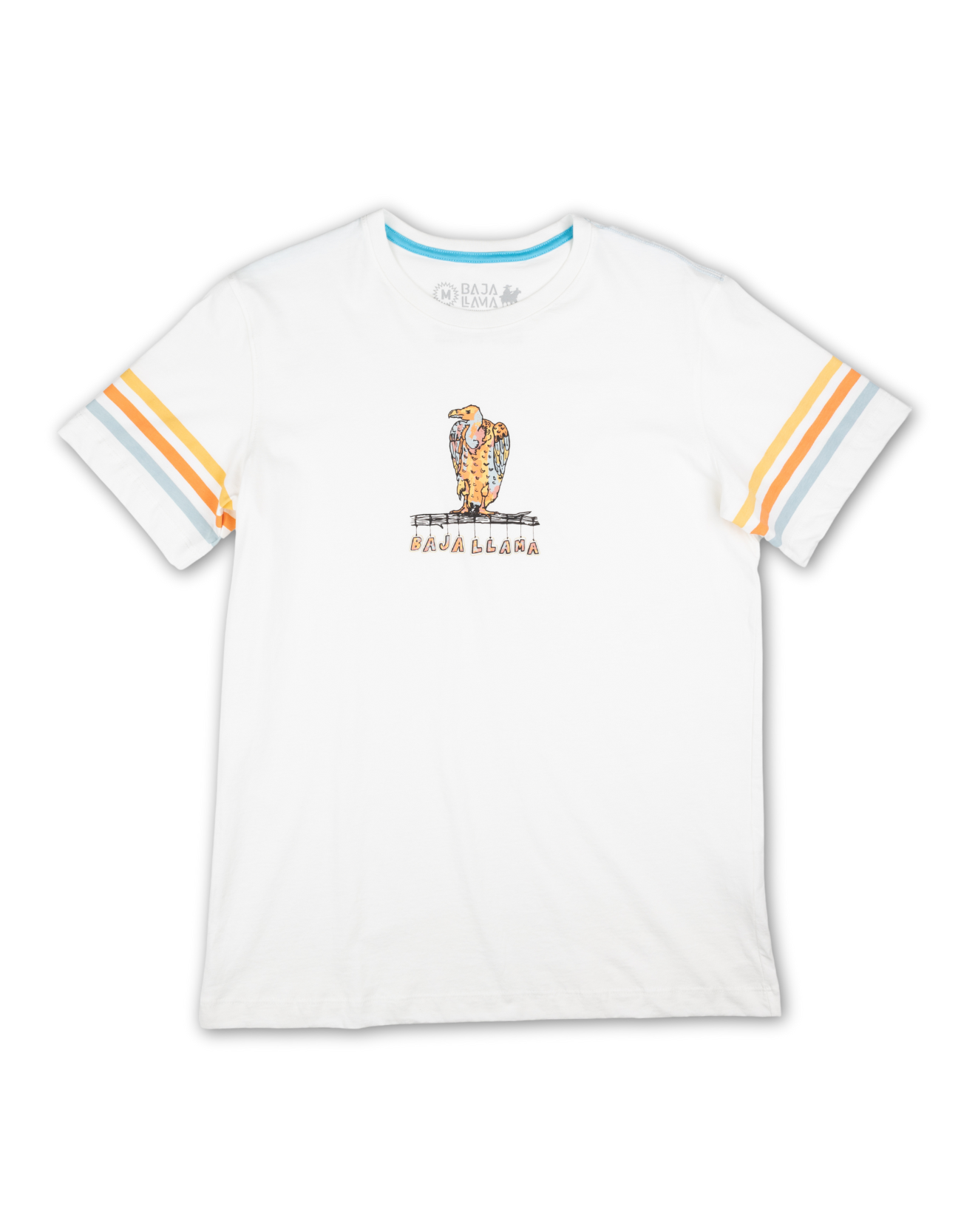 Men’s off-white graphic t-shirt featuring a colorful vulture illustration and ‘Baja Llama’ text. Retro-style striped sleeves with orange, blue, and white detailing. Soft, breathable cotton for casual comfort.