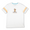 Front flat lay of white Perched and Striped Primo tee with vulture graphic and orange yellow blue sleeve stripes