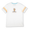 Front flat lay of white Perched and Striped Primo tee with vulture graphic and orange yellow blue sleeve stripes