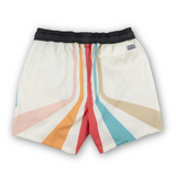 Retro-inspired swim shorts with bold, colorful stripes and a black waistband. Quick-dry fabric and a relaxed fit for ultimate comfort.