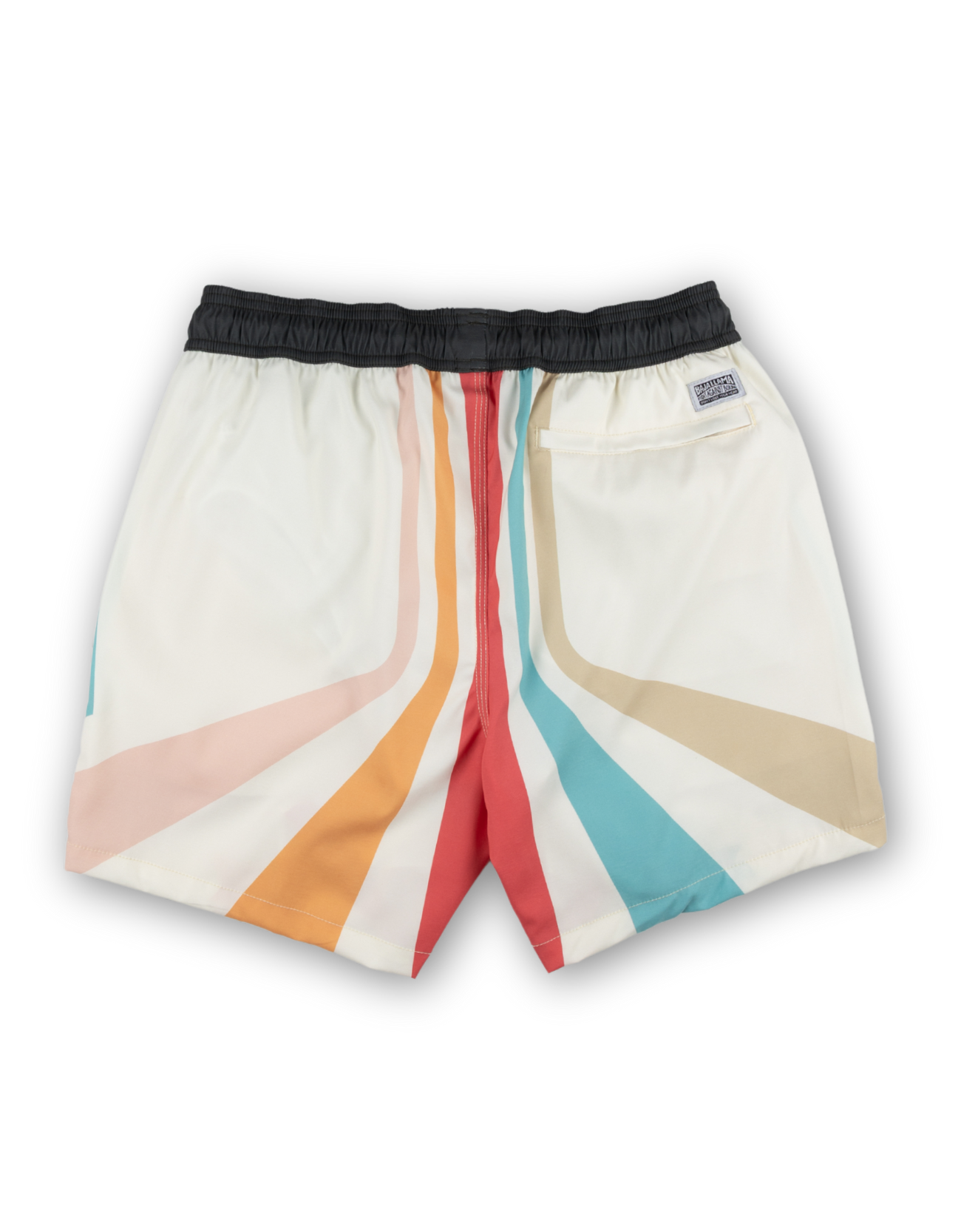 Retro-inspired swim shorts with bold, colorful stripes and a black waistband. Quick-dry fabric and a relaxed fit for ultimate comfort.