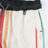 Retro-inspired swim shorts with bold, colorful stripes and a black waistband. Quick-dry fabric and a relaxed fit for ultimate comfort.