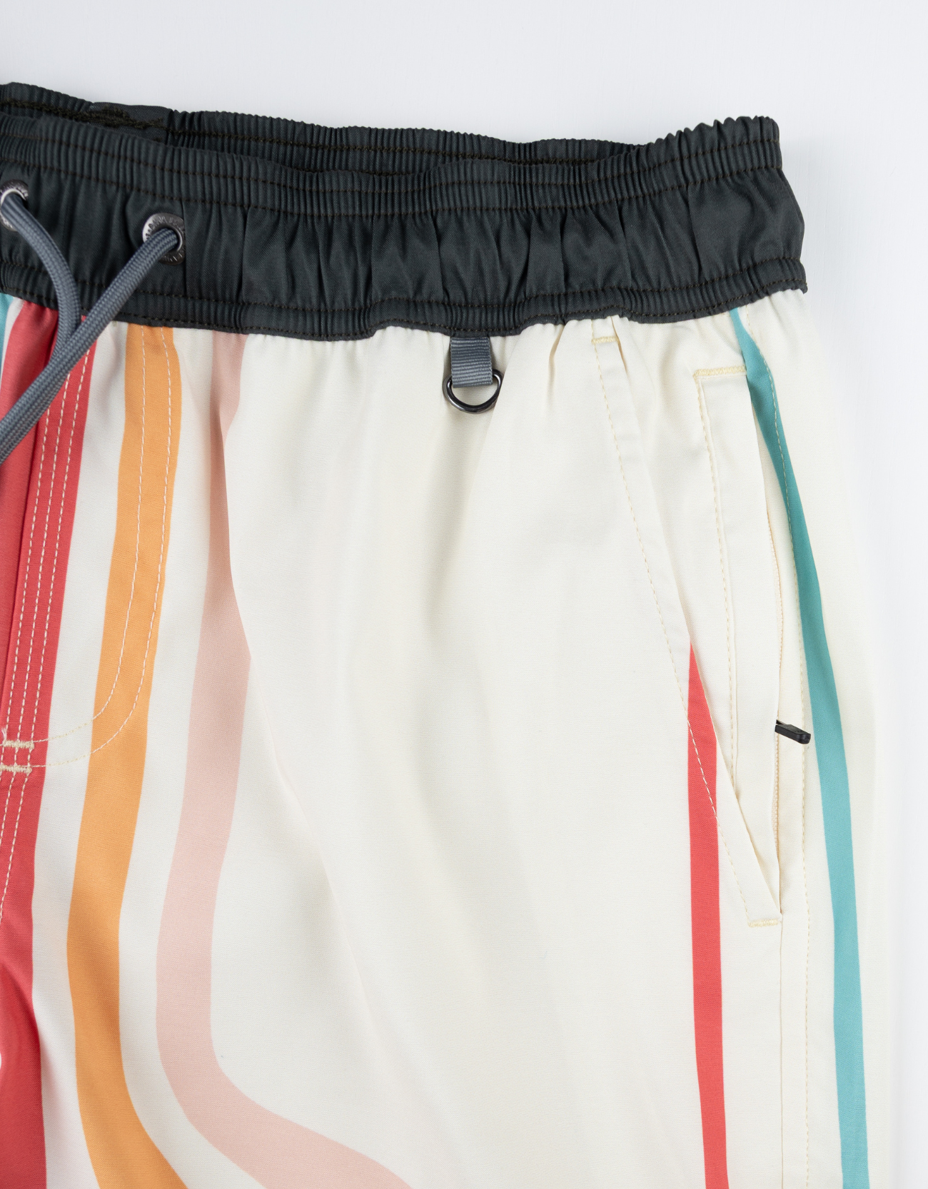 Retro-inspired swim shorts with bold, colorful stripes and a black waistband. Quick-dry fabric and a relaxed fit for ultimate comfort.