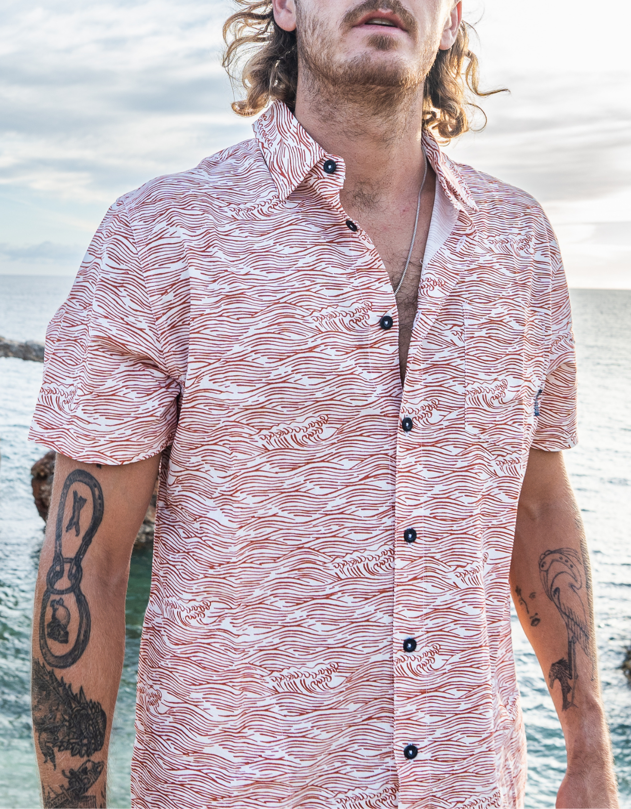 Baja Llama burnt orange wave Print Cotton Viscose short sleeve button up shirt