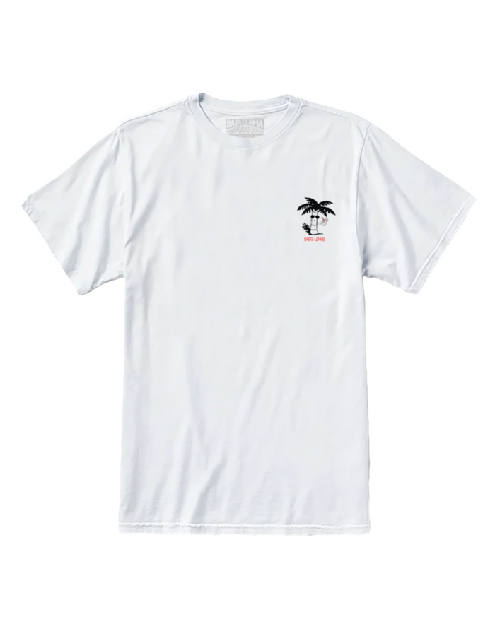 Front view of a white Baja Llama "Enjoy The Trip" Primo Graphic Tee featuring a small palm tree chest logo.