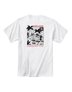 Enjoy the Trip Primo Graphic Tee by Baja Llama – White Adventure-Inspired T-Shirt with Surfer Cartoon Print and Tropical Island Design