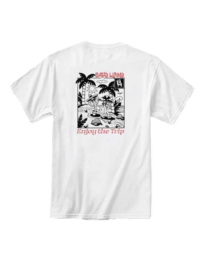 Back flat lay of white Enjoy the Trip Primo tee with cactus mushroom tropical line art graphic