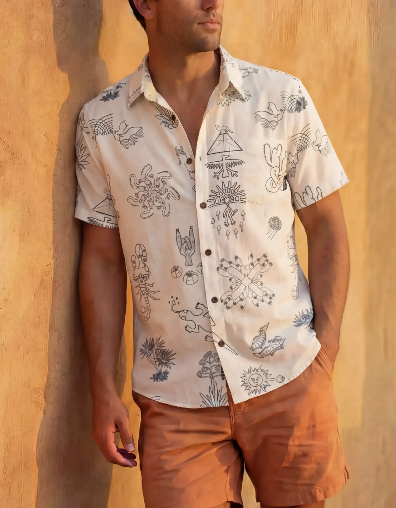 Model wearing Desert Martians  Vagabond Button up outdoors