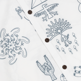Baja Llama desert print button-up shirt fabric and button  close-up