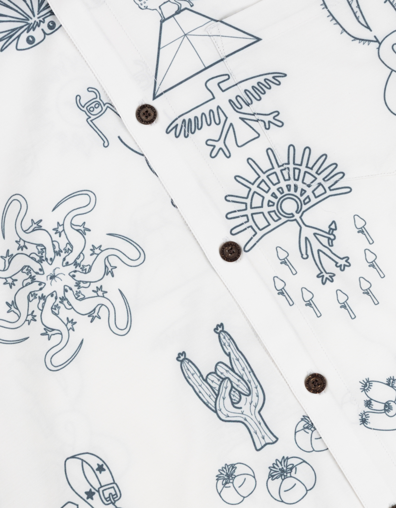 Baja Llama desert print button-up shirt fabric and button  close-up
