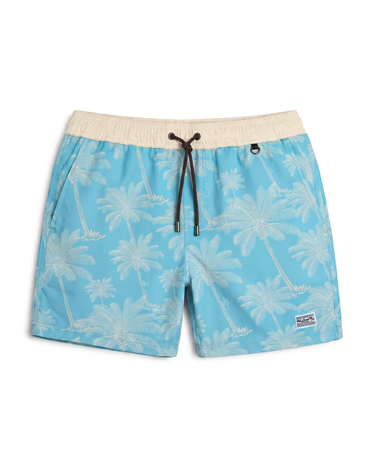 Green shorts with palm tree pattern on a white background