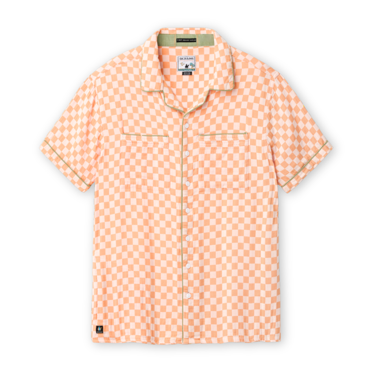 Orange checkered shirt on a light background with green piping front lay down