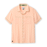 Orange checkered shirt on a light background with green piping front lay down