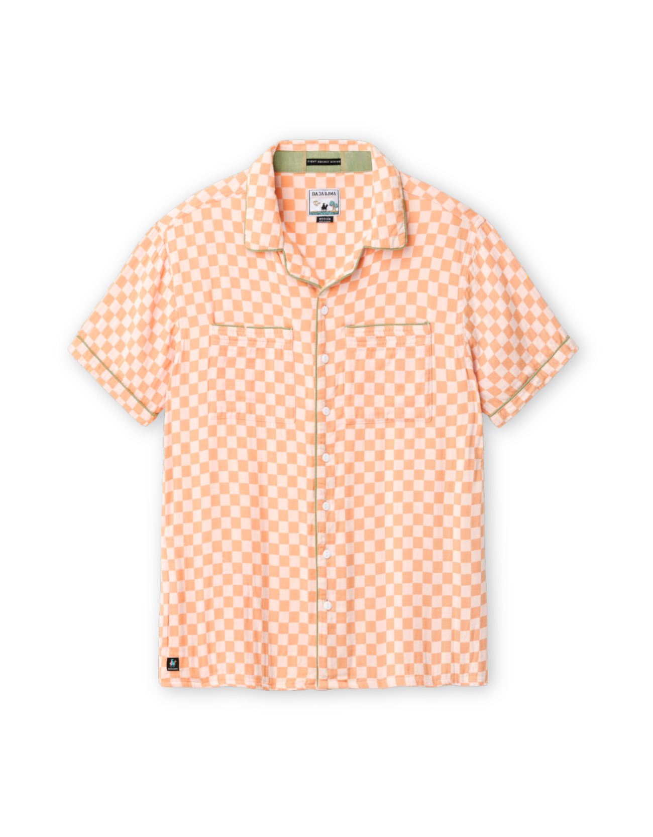 Orange checkered shirt on a light background with green piping front lay down